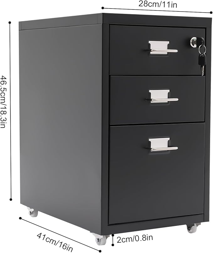 3 Drawers Rolling File Cabinet, Metal Filing Cabinets with Lock, 18.3 inch H Vertical Filing Cabinet Under Desk for Home Office, Heavy Duty Metal Storage Cabinet for A4/Letter/Legal Size File