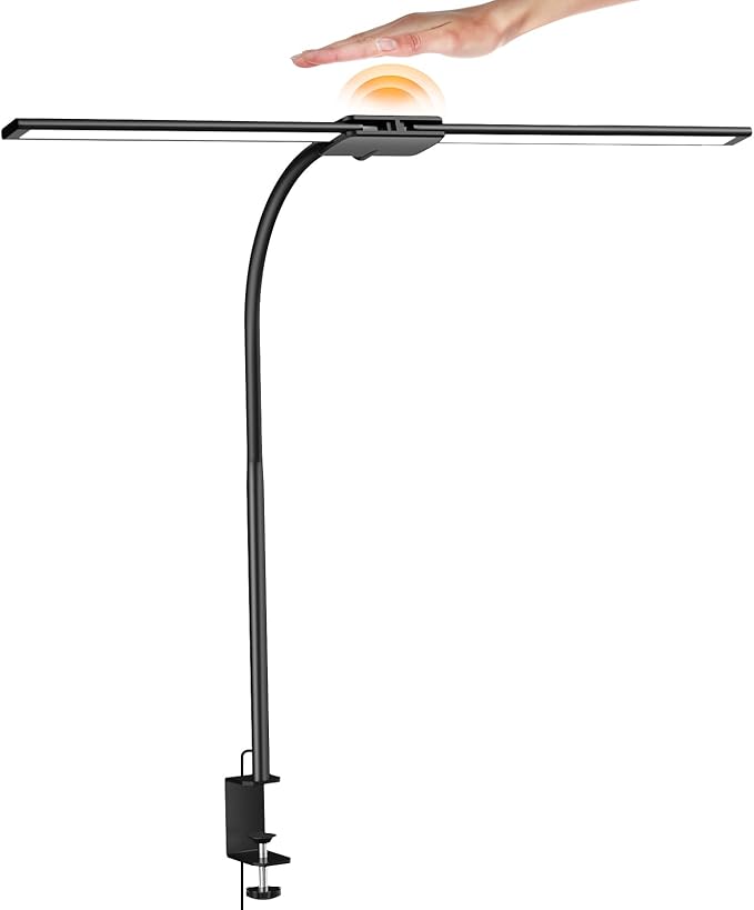 Syrinx LED Desk Lamp for Home Office ā Eye-Caring Dual Head Desk Light with Flexible Gooseneck, Clamp, Gesture/Wired Control, 50 Lighting Modes with Memory/Timer for Study, Crafting