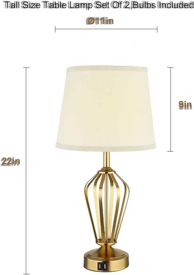 Touch Table Lamps Set of 2, nightstand lamp with USB Ports Bedside 3 Way Touch dimmer Desk lamp for Living Room Bedroom,Gold Plated Spiral cage Base Design Warm White dimmer Bulbs Included.