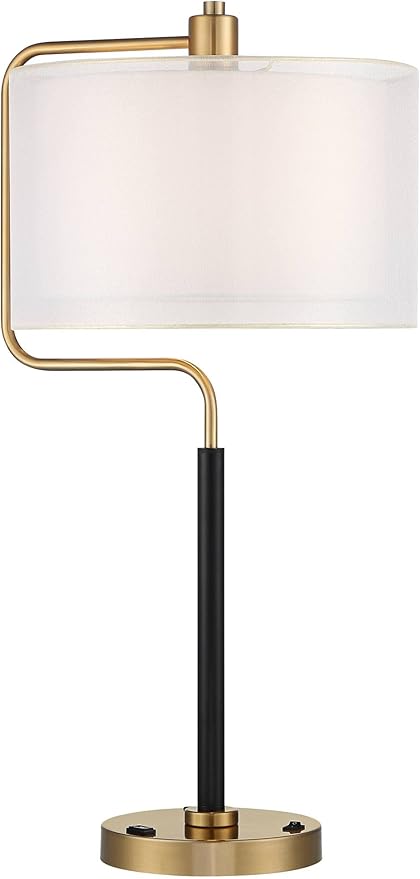 Possini Euro Design Carlyle 30 1/2" Tall Large Mid Century Modern Glam Luxe Desk Lamps Set of 2 USB Port AC Power Outlet Gold Black Metal White Shade Home Office Living Room Charging Bedroom Bedside
