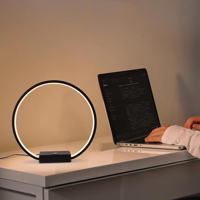 LED Circle Table Lamp Touch Control 3-Way Dimmable Bedside Nightstand Lamp with USB Port Modern Tabletop Lamps, 12W 3000K Warm Light, Desk Lamp for Bedroom Living Room, Black