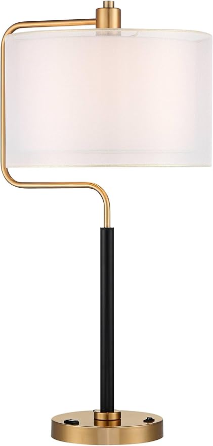 Possini Euro Design Carlyle 30 1/2" Tall Large Mid Century Modern Glam Luxe Desk Lamps Set of 2 USB Port Smart Socket AC Power Outlet Black Gold Metal Shade Home Office Living Room Charging