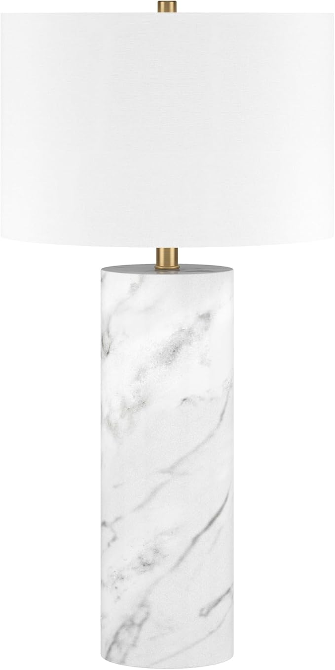 Henn&Hart 29.5'' Glam 1-Light Table Lamp with White Fabric Drum Shade for Living Room, Bedroom, or Office, Marble/Brass