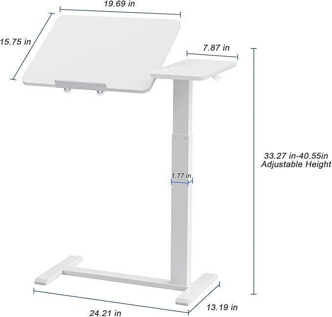 Ywin Medical Adjustable Tilt Overbed Bedside Table with Wheels, Swivel Portable Tray Table(27.6" W x 15.8" D), Small Standing Desk for Bedroom, Hospital, Couch, Office Use,White