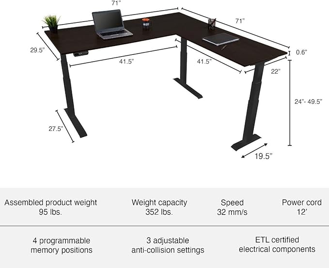 Stand Up Desk Store Triple Motor Electric L-Shaped Corner Standing Desk with EZ Assemble Frame (Black Frame/Black Top, 71" W x 71" D)
