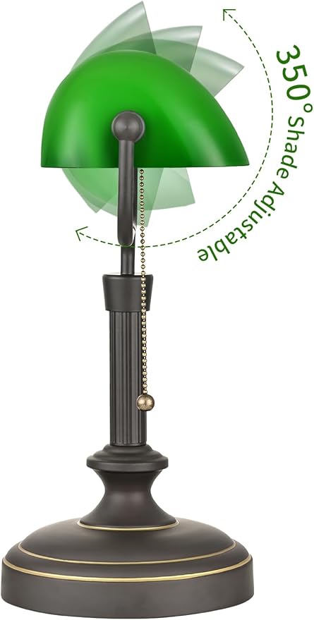 Traditional Banker's Desk Lamp with Glass Shade,Pull Chain Switch, LED Bulb Included (Antique Black+Green)