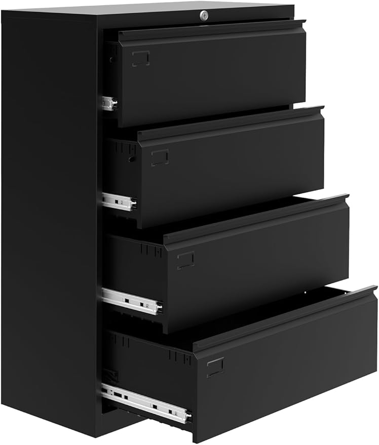 GarveeHome 4-Drawer Lateral File Cabinet with Lock,Heavy Duty Steel Office Storage for Letter/Legal/A4 Documents, Easy Assembly Space-Saving Design - Black
