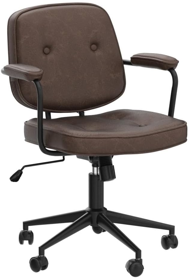 LukeAlon Adjustable Pu Leather Home Office Chair, Comfy 360° Swivel Task Chair with Armrest Modern Thickened Seat Desk Chair Tiltable Computer Chair with Buttons & Wheels, Brown