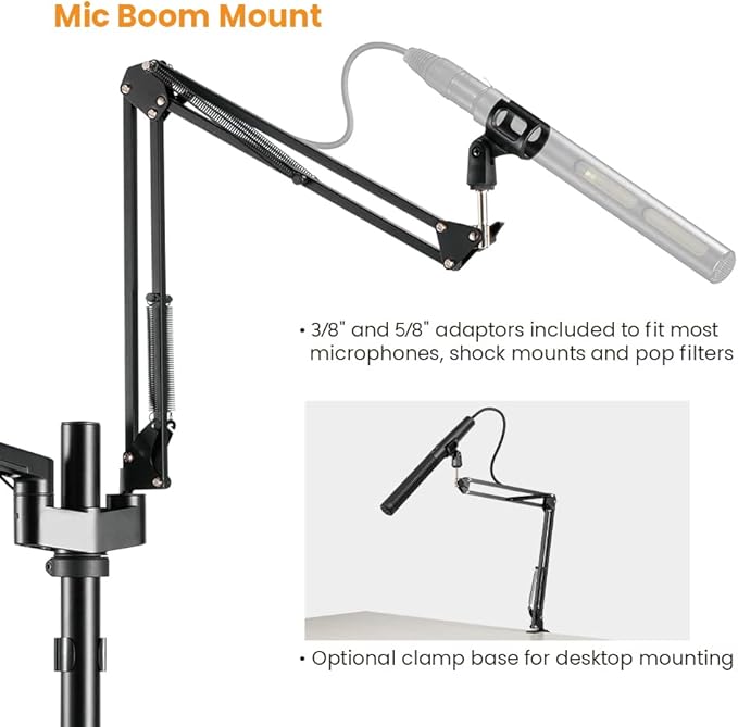 MDS11-2 Live Broadcast Boom Arm And Mobile Cart | Flexible Desk Mount Camera Arm | Clamp Webcam Stand | Microphone Boom Arm | Laptop Stand | 10" LED Ring Light | Voice Recording And Podcasting