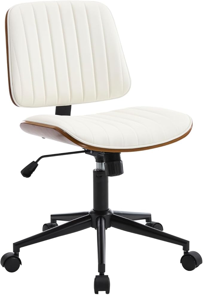 Small Home Office Chair - Armless Mid Back Desk Chair with 360° Swivel and Wheels, PU Upholstered Height Adjustable Modern Walnut Computer Chair for Home, Office Meeting Room - Black