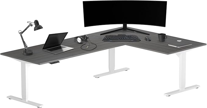Progressive Desk Stand Up Height Adjustable Standing Desk - L Shaped 83" x 55" Corner Computer Rising Workstation Electric Table - White Frame, Gray Oak Top