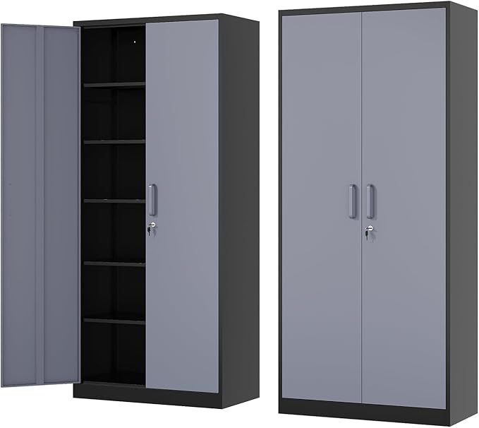 Metal Storage Cabinet-72” Tall Steel File Cabinets with Lockable Doors and 5 Adjustable Shelves-Black&Gray Steel Storage Cabinet for Home, School, Office, Garage
