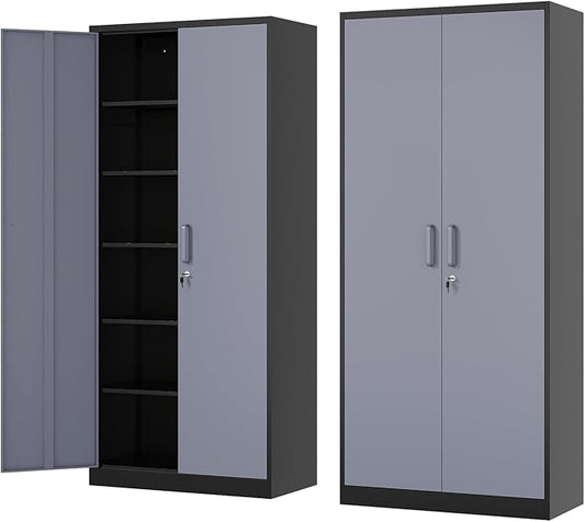 Metal Storage Cabinet-72” Tall Steel File Cabinets with Lockable Doors and 5 Adjustable Shelves-Black&Gray Steel Storage Cabinet for Home, School, Office, Garage