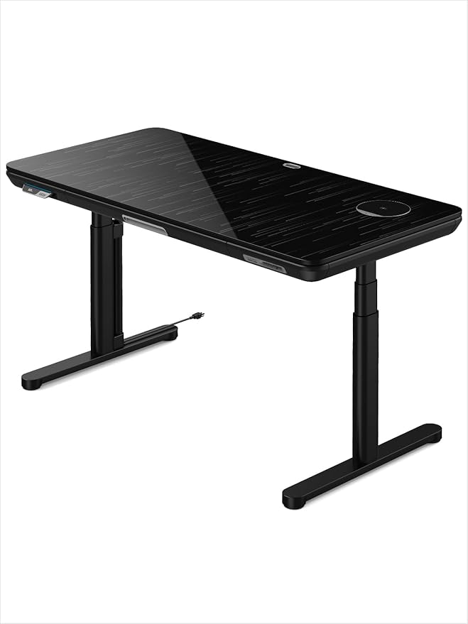 Smart Executive Electric Standing Desk, Wireless Charging, with Storage Drawer, Hidden Power Strip, Galaxy Glass