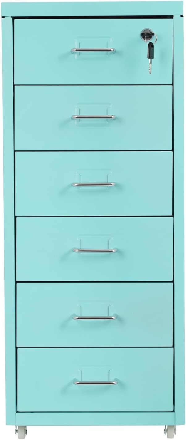 TFCFL Mobile File Cabinet 6 Drawer Vertical File Cabinet with Wheels Metal File Cabinet with Lock for Home Office, 11" D x 16" W x 27" H (Blue)