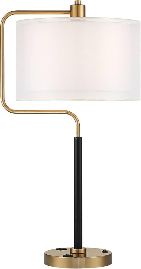 Possini Euro Design Carlyle 30.5" Tall Desk Lamp with USB Charging Ports and Outlet Mid Century Modern Warm Gold Double Drum Shades - Living Room Bedroom House Bedside Nightstand Home Office Family