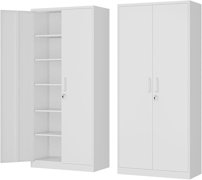 Metal Storage Cabinet-72” Tall Steel File Cabinets with Lockable Doors and 5 Adjustable Shelves-White Steel Storage Cabinet for Home, School, Office, Garage