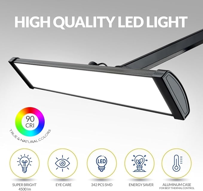 Ultra Bright 4500 Lumens Powerful Professional Eye Care LED Desk Lamp - Brightness Adjustable, Modern Task Light for Home, Beauty, Crafting, Office, Workbench (Daylight, Dimming, Black)