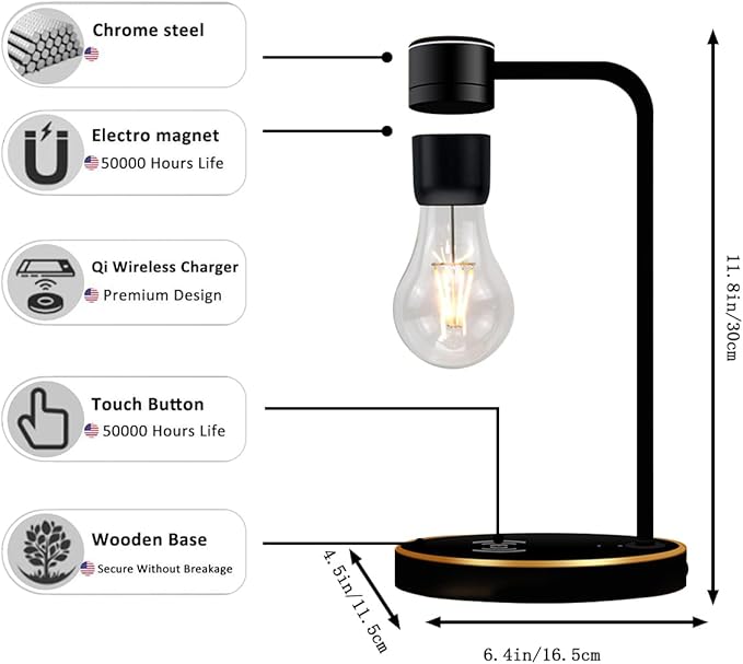 Magnetic Levitating Light Bulb Lamp, Floating LED Bulb Desk Lamp with Wireless Charger, Rotating Levitating Bulb Night Lights for Room Office Decoration (Black)