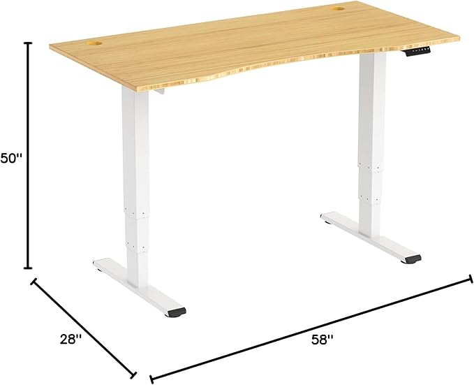 SANODESK 55 Inch 3 Stage Bamboo Electric Standing Desk, Dual Motor Height Adjustable Desk, Stable and Durable Sit to Stand Home Office Desk (White Frame/ 55” x 28” Curved Natural Bamboo Top)