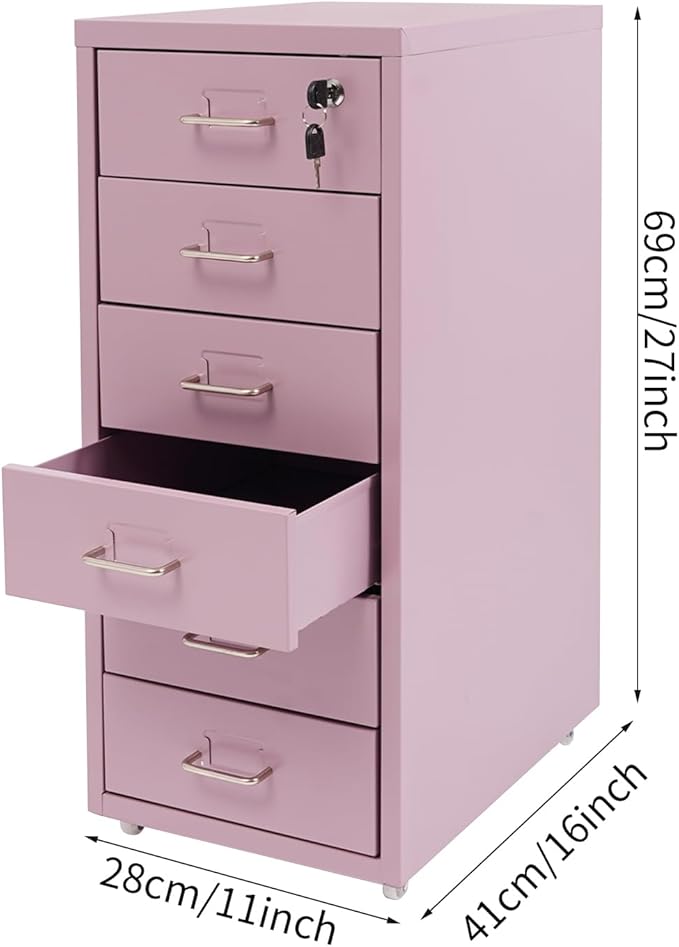 TFCFL Mobile File Cabinet 6 Drawer Vertical File Cabinet with Wheels Metal File Cabinet with Lock for Home Office, 11" D x 16" W x 27" H (Purple)