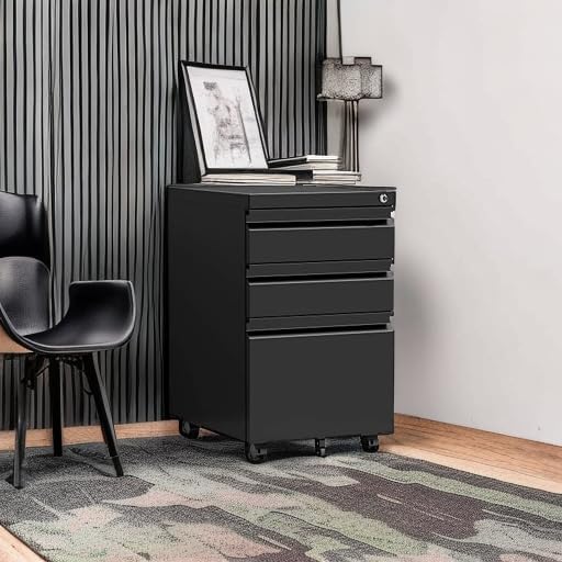 STANI 25" H 3 Drawer Mobile File Cabinet with Lock, Under Desk Metal Filing Cabinet, Locking Office Mobile Cabinet with Wheels, Letters/Legal/A4(Assembly Required Black)
