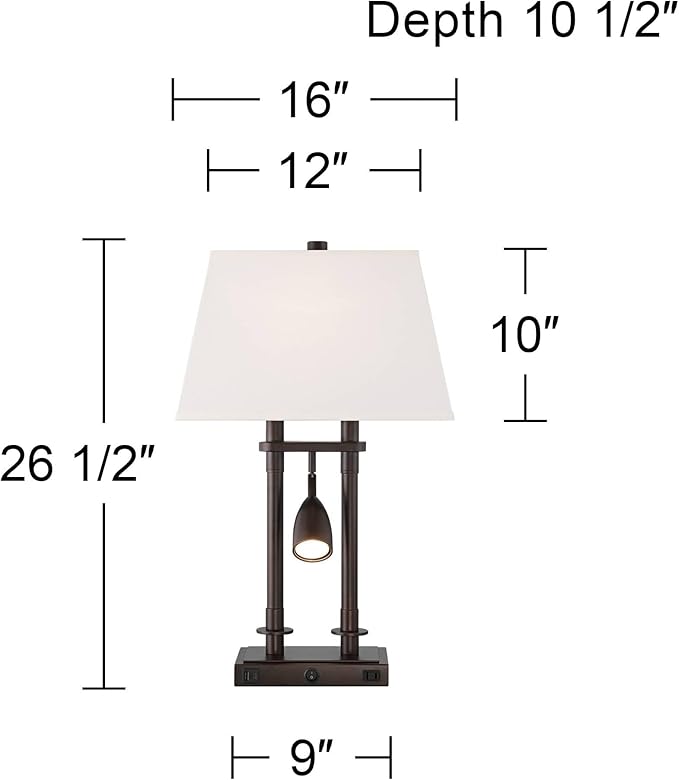 Possini Euro Design Bishop 26 1/2" Tall Modern Desk Lamp with USB Charging Port A+C and AC Power Outlet Brown Bronze Finish Metal Base White Shade Home Office Living Room Bedroom Bedside Nightstand