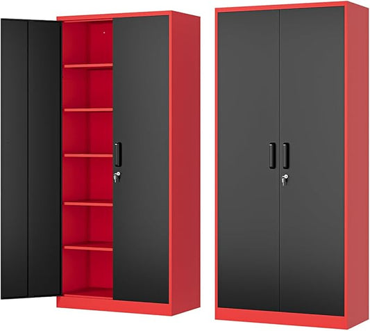 Metal Storage Cabinet-72” Tall Steel File Cabinets with Lockable Doors and Adjustable Shelves-Black&Red Steel Storage Cabinet for Home, School, Office, Garage
