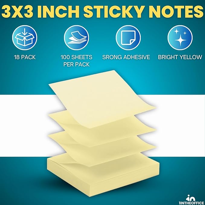 1InTheOffice Sticky Notes Yellow, Sticky Notes 3x3, Self Stick, 18/Pack = 100 Sheet/Pack