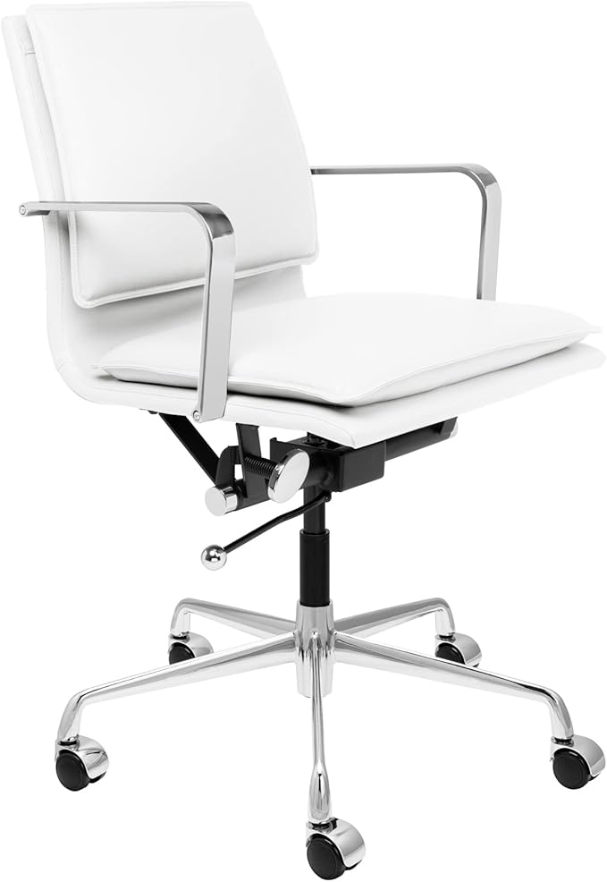 Laura Davidson Furniture Lexi II Padded Office Chair - Mid Back Desk Chair with Arm Rest, Swivel & Cushion Availability, Made of Faux Leather, White, Computer Chair