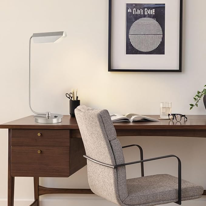 Rona LED Desk Lamp – Silver Metallic Modern Lamp, Commercial Grade LED Lighting for Living Room or Bedroom