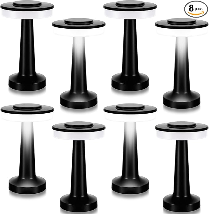 VIHOSE 8 Pcs 8 Pcs Cordless Table Lamps LED Portable Rechargeable Table Lamp with Touch Sensor 3 Color Dimming up to 15 Hours Battery Desk Light for Restaurant Nursery Living Room (Black)