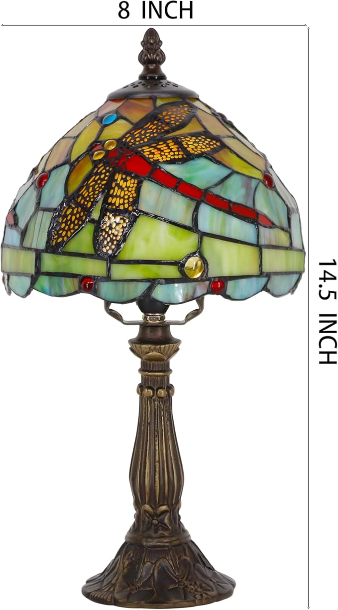 Tiffany Lamp Touch Control Table Lamp Green Red Stained Glass Desk Lamp 8X8X14.5 Inches Dragonfly Style Reading Light