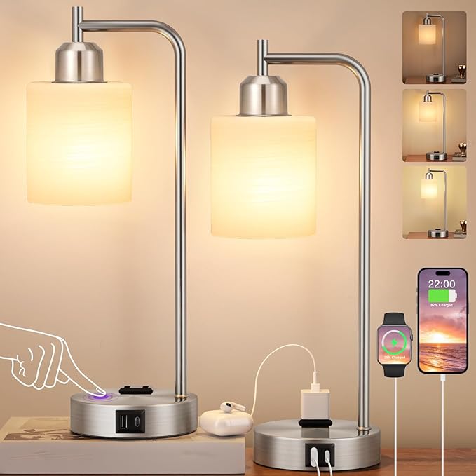 Innqoo Industrial Nickel Table Lamps for Bedrooms Set of 2-3-Way Dimmable Desk Lamp with USB C+A Ports and Outlet, Sliver Lamps with Striped White Glass Shade for Living Room