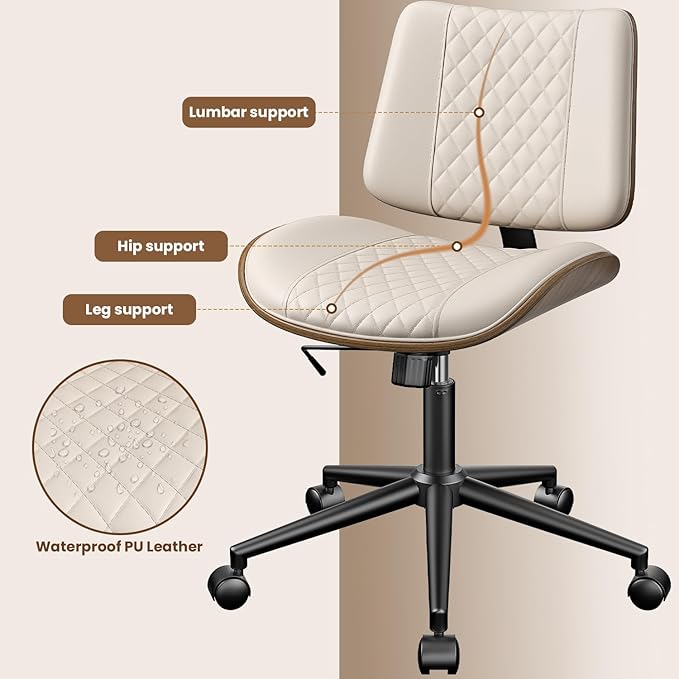 Home Office Chair with Wheels, Armless Office Desk Chair Adjustable Height, Swivel Rolling Modern Walnut Mid Back Computer Task Chair for Home Office, Small Space, Beige, Lozenge Pattern
