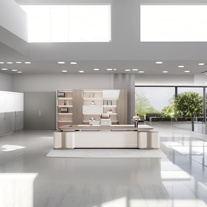 102IN Modern Executive Desk - Executive Office Desk with Large - Capacity Locker & Arc Design & Hidden Multimedia Wire Box & Safety Combination Lock & Privacy Baffle