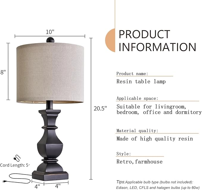 PoKat 20.5" Mid Century Table Lamp Sets of 2 for Living Room Retro Style Farmhouse Table Lamp for Bedroom Classic Beige Resin Bedside Night Light Lamps, Suitable for Small Place