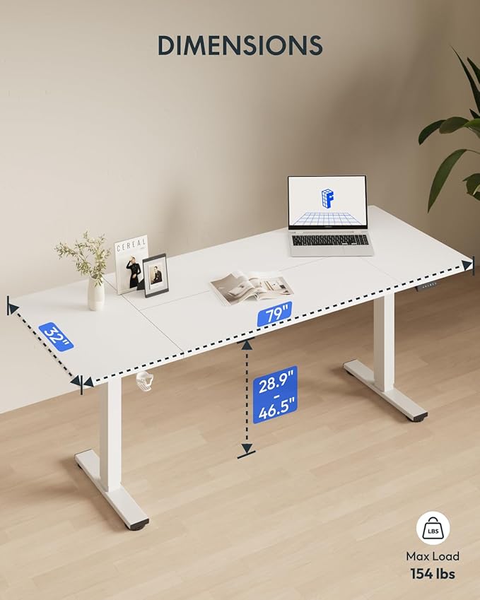 FLEXISPOT 79 x 32 Inch Large Standing Desk, Stand Up Desk with Splice Board, Rising Desks for Home Office, Office Desk with Cup Holder and Headphone Hook (White Frame + White Top, 2 Packages)