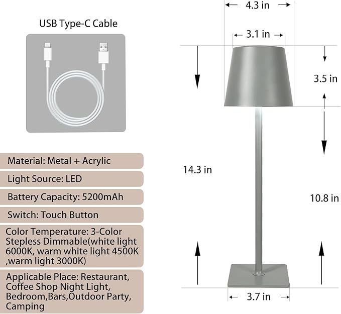 MIOBLUE 2 Pack Cordless Table Lamp,Portable LED Desk Lamp, 5200mAh Battery Operated, 3 Color Dimmable Table Light for Restaurant,Coffee Shop Night Light,Bedroom,Bars,Outdoor Party,Camping(Grey)