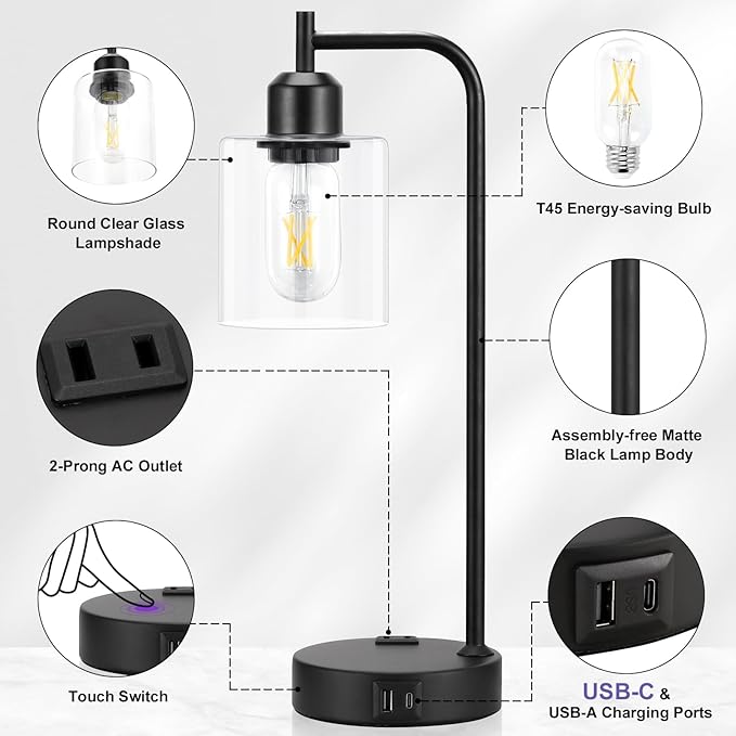 Industrial Touch Table Lamps for Bedrooms Set of 2 - 3-Way Dimmable Nightstand Lamps with USB C+A Ports and Outlet, Black Bedside Lamps with Glass Shade for Living Room, Desk Lamps for Home Office