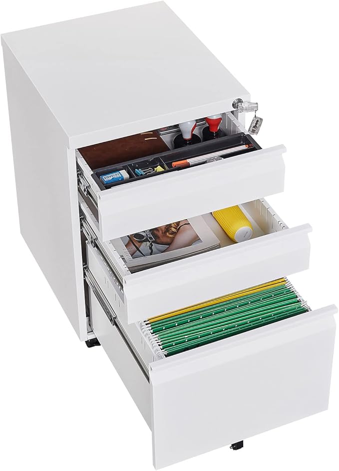 3-Drawer Metal File Cabinet with Lock & Wheels – Rolling Under-Desk Storage for Letter/Legal/A4 Folders, Home & Office Use (Assembly Required)