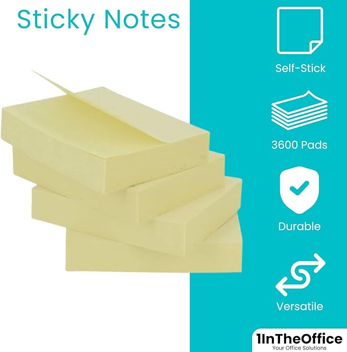 1InTheOffice Yellow Sticky Notes, 3" x 3" Yellow self Stick Sticky Notes 36/Pack of 100= 3600 Notes Pads (36)