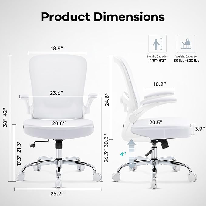 Office Chair,Ergonomic Desk Chair with Adjustable Lumbar Support, Mesh High Back Computer Chair with Flip-up Armrests,Rocking Tilt Rolling Swivel Executive Chair for Home Office White