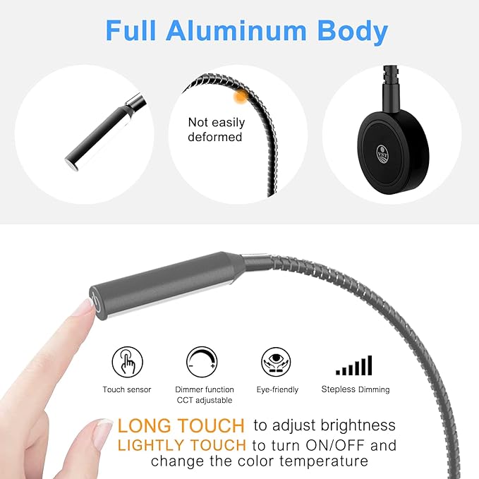 VST Books Lights for Headboard, Bedside Wall Mounted Reading Lamp, Reading Light Touch to Adjust Color Temp (3000K/4000K/6000K) and Brightness, USB/Type-C Charging Ports, 20W Driver, ETL-Listed