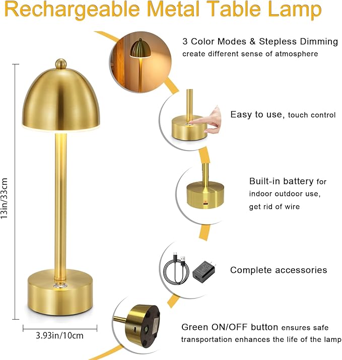 UMEXUS Small Cordless Lamp Mushroom, 5200mAh Rechargeable Battery Operated Lights for Restaurant Bar Table, Dimmable Touch Nightstand Lamp, Portable Table Lighting for Outdoor Patio, Modern Gold Brass