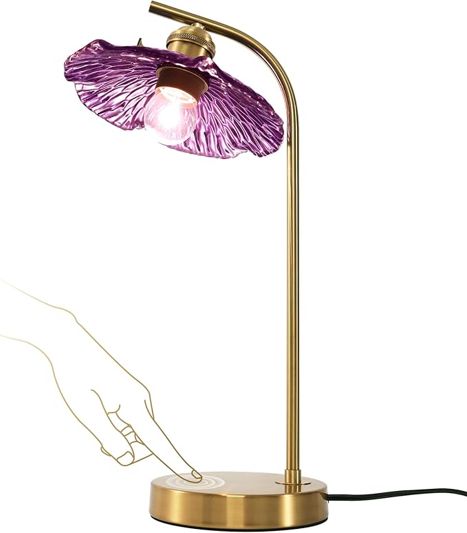 Mid Century Modern Table Lamp Gold Table Lamps Side Table Lamp with Glass Flower Shade Vintage Nightstand Lamp Purple Desk Lamp Touch Bedside Lamp for Bedroom Nightstand Living Room End Table
