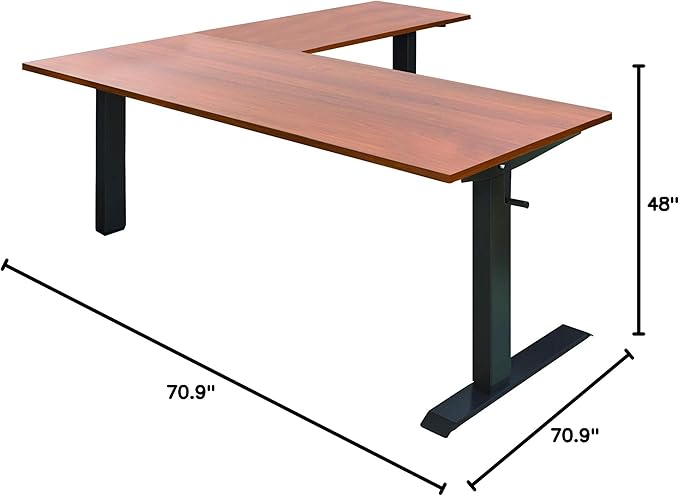 Stand Up Desk Store Crank Adjustable Height L-Shaped Standing Desk with Steel Frame (Black Frame/Teak Top, 72" Wide)