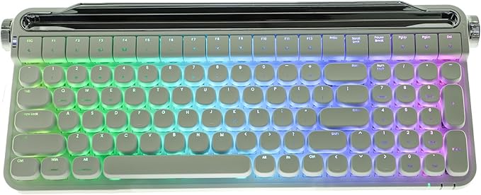 Retro Typewriter Mechanical Keyboard with Tablet Stand, 100 Keys LED Backlit, ABS+PBT Keycaps, Wired/Bluetooth, Blue Switch, Compatible with Windows/Mac/iOS/Android (White)