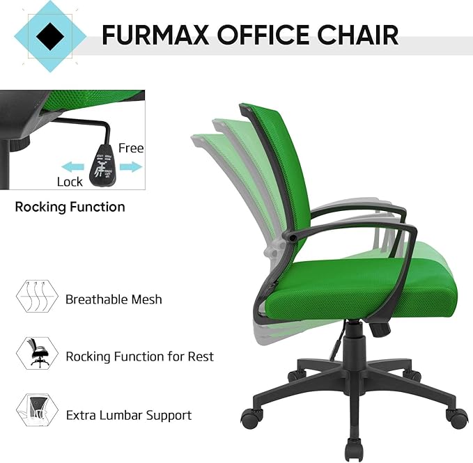 Furmax Office Chair Ergonomic Computer Desk Mesh Chair Mid Back Swivel Lumbar Support with Armrest (2, Green)