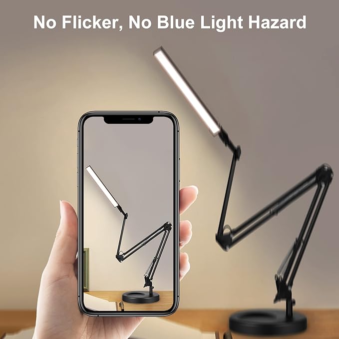 Toolour LED Desk Lamp with Clamp,2-in-1 Clip on Desk Lights with Base,50.7" 3-Section Swing Arm Architect Lamps,Memory Function Desktop Light Bar for Home Office Workbench Reading Craft Drafting